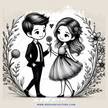 boy and girl standing together with flowers on either side