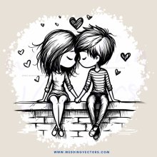 two kids on brick wall with hearts and flowers all over it