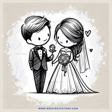 wedding bride and groom in black & white cartoon