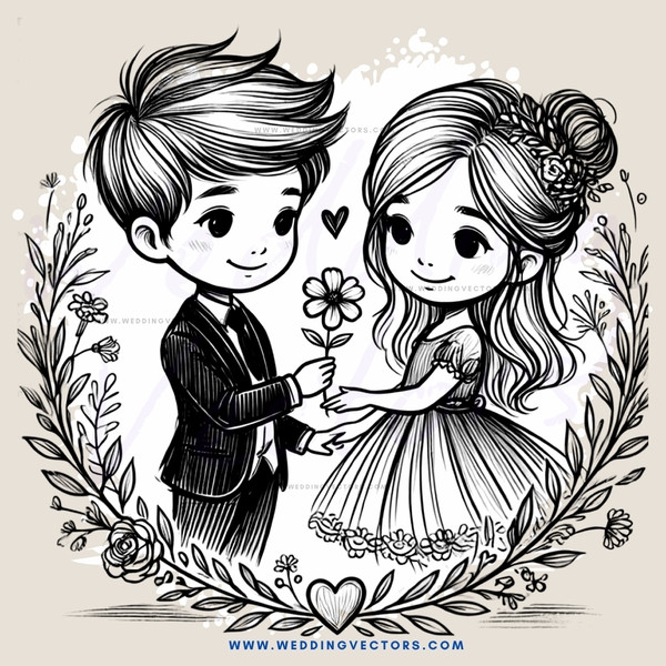 a boy and girl holding hands with hearts around them