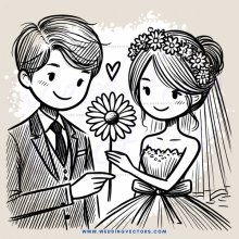 a bride and groom hold up flowers