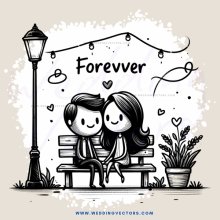 a couple sitting on a bench with "forever" above them