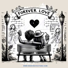 a couple sitting on a bench with a sign above them that says "forever love"