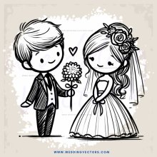 a bride and groom with flowers