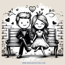 a boy and girl sitting on a bench with heart shaped drawings