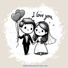 love you poster with balloons and bride & groom in black and white