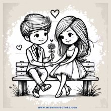 a couple on a bench with a flower