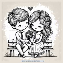 couple on bench with flowers and heart