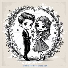young couple with flowers and hearts