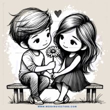 boy and girl holding flower on bench
