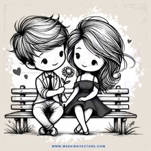 couple sitting on bench with flowers and hearts