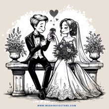 groom and bride in flower pot sitting on bench