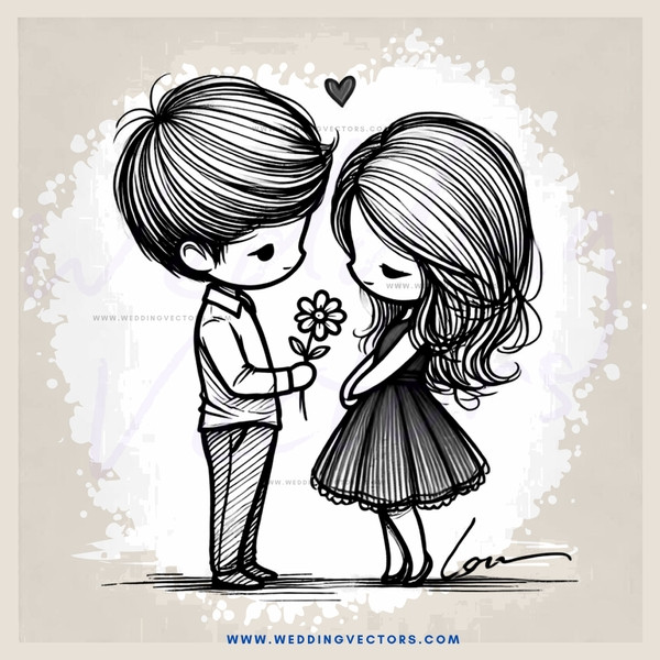 a boy and girl exchanging flowers