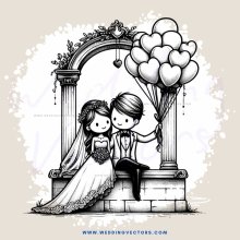 a couple sitting under an arch with hearts and balloons