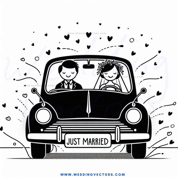 just married couple in car.