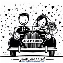a black and white cartoon drawing of a man and woman getting married in their car.