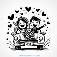 couple in car holding hands outside with flowers.