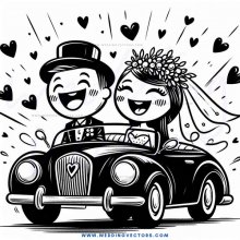 wedding car chase cartoon in black and white with hearts